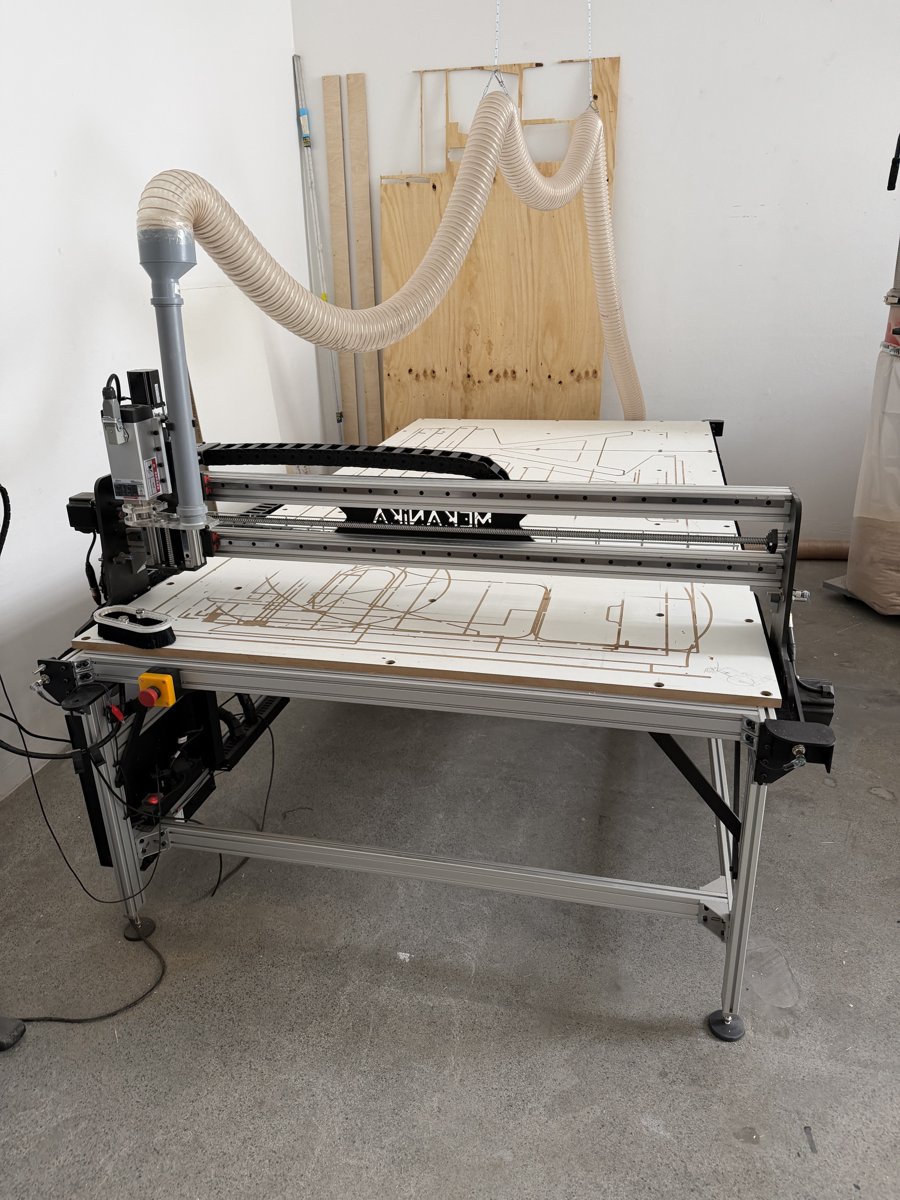 Mekanika Fab CNC gantry, spoilboard, and overhead dust hose
