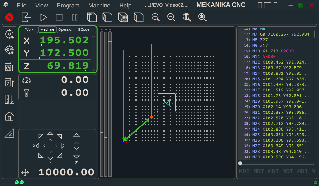 Machine coordinates shown in green