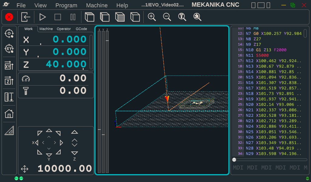 3D view of the working volume with tool and toolpath