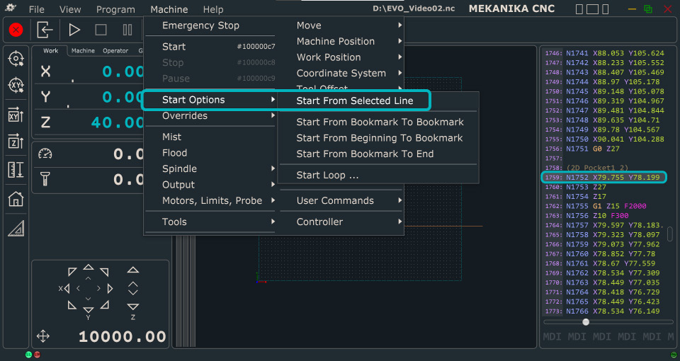 Right-click Start Options menu on the G-code panel